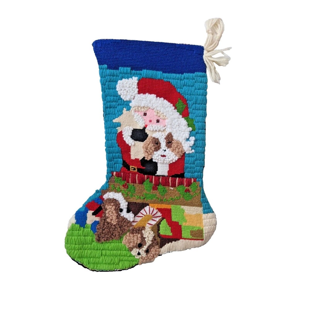 Vintage Needlepoint Christmas Stocking Handmade Santa in Chimney Kitsch Retro